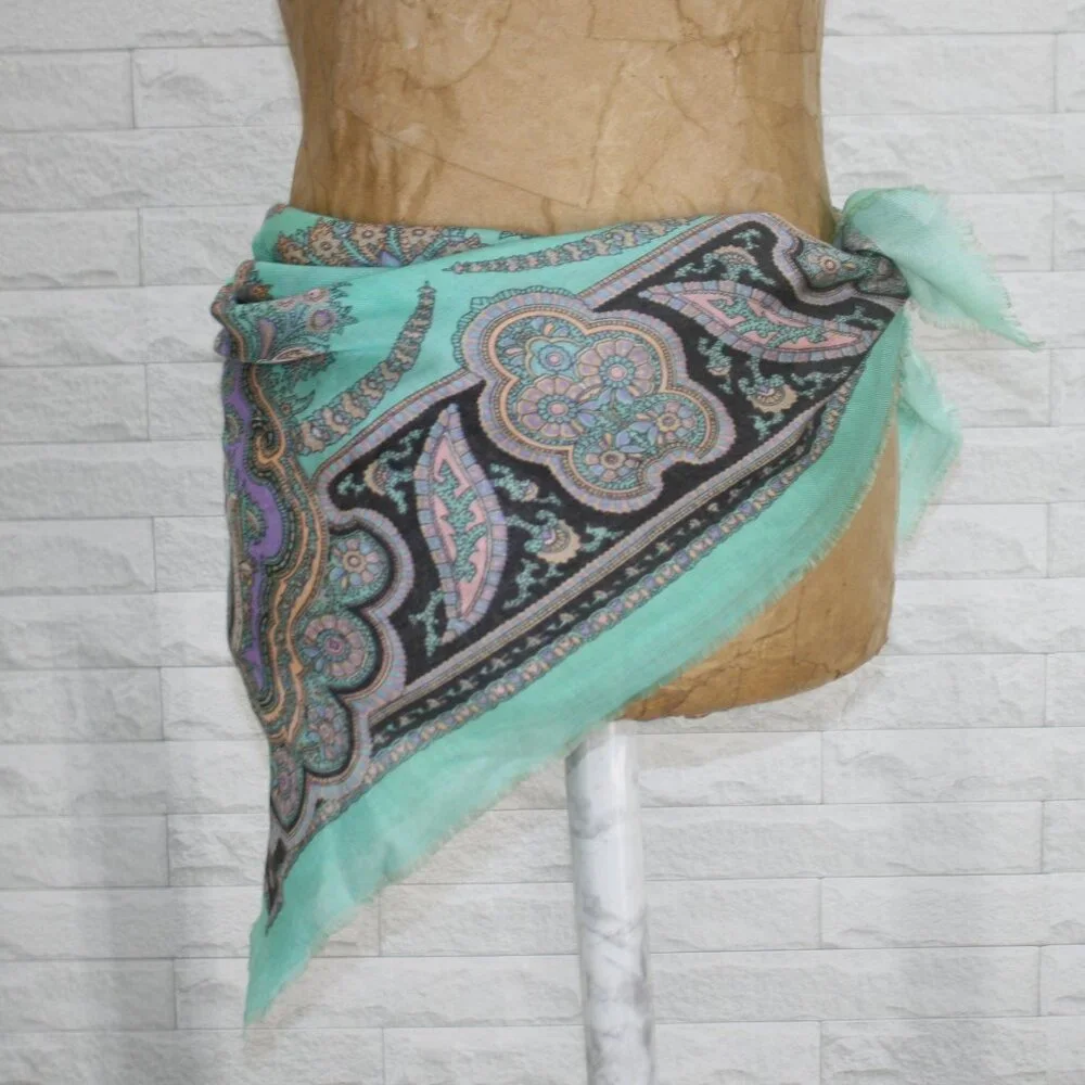 VINTAGE Scarf Square Floral Headscarf Colorful Woven Paisley Aqua Pastel Spring